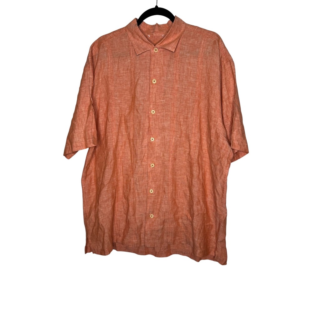 Tommy Bahama Mens XL Orange 100% Linen Short Sleeve Pintuck Camp Shirt